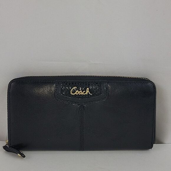 Coach Ashley Leather Wallet Accordion 3 Side Zip Black Wristlet - Picture 1 of 11
